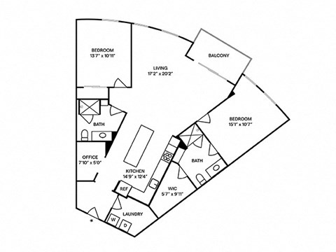 Floor plan for 2 beds, 2 baths, 1311 sqft